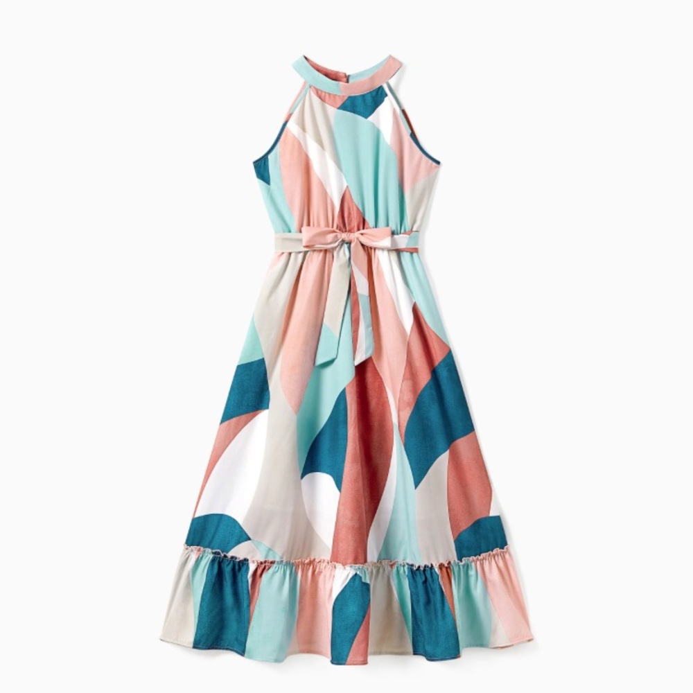 Multi-Color High Neck Halter Ruffle Hem Belted Women Dress